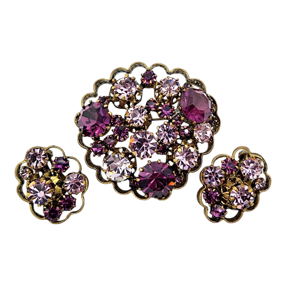 Purple Rhinestone Brooch Earrings Set Signed Made in Austria